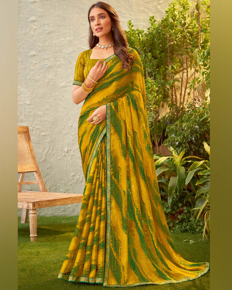 Vishal Prints Mustard Fancy Chiffon Printed Saree With Zari Border