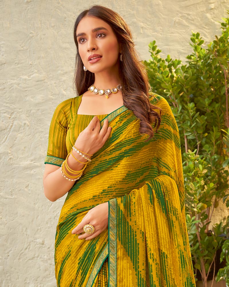 Vishal Prints Mustard Fancy Chiffon Printed Saree With Zari Border