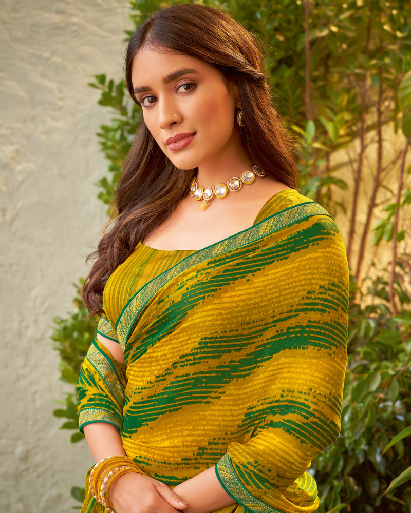 Vishal Prints Mustard Fancy Chiffon Printed Saree With Zari Border
