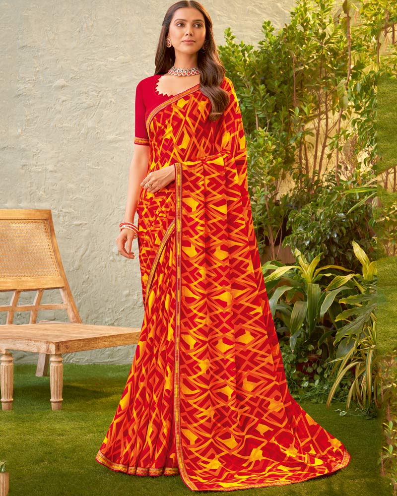 Vishal Prints Cherry Red Fancy Chiffon Printed Saree With Zari Border
