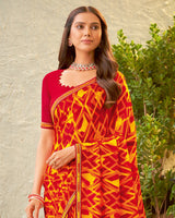 Vishal Prints Cherry Red Fancy Chiffon Printed Saree With Zari Border