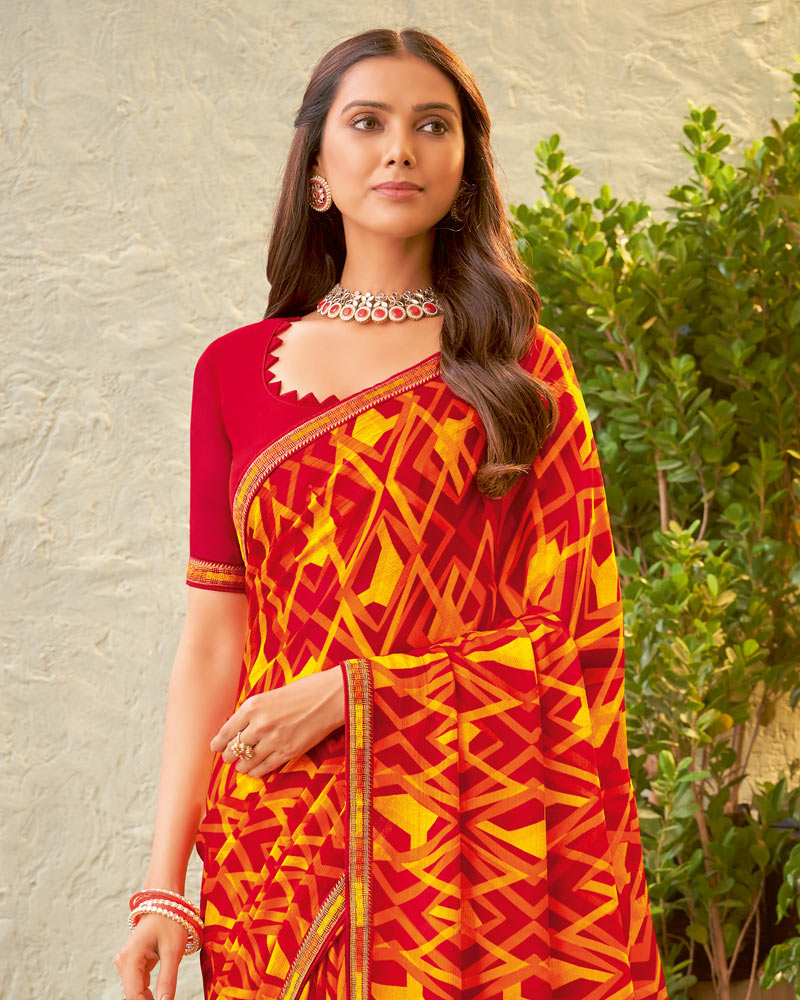 Vishal Prints Cherry Red Fancy Chiffon Printed Saree With Zari Border