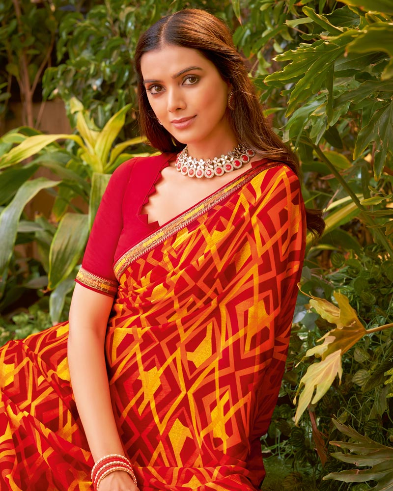 Vishal Prints Cherry Red Fancy Chiffon Printed Saree With Zari Border