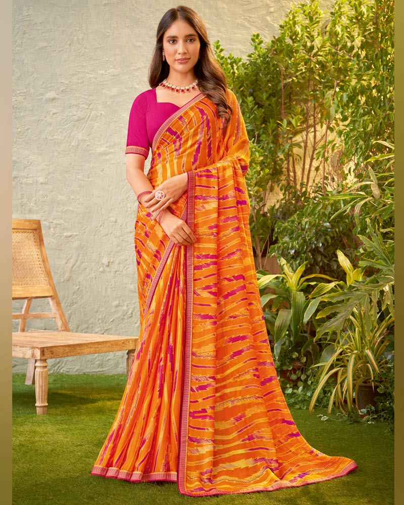 Vishal Prints Orange Fancy Chiffon Printed Saree With Zari Border