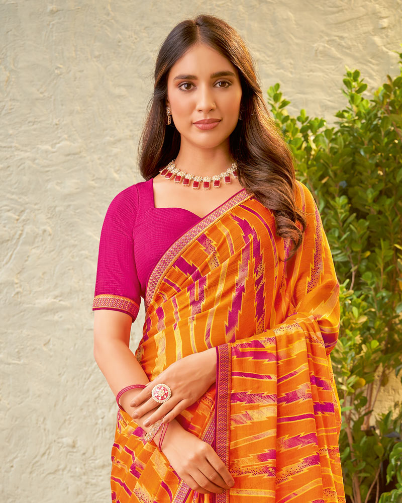 Vishal Prints Orange Fancy Chiffon Printed Saree With Zari Border