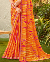 Vishal Prints Orange Fancy Chiffon Printed Saree With Zari Border