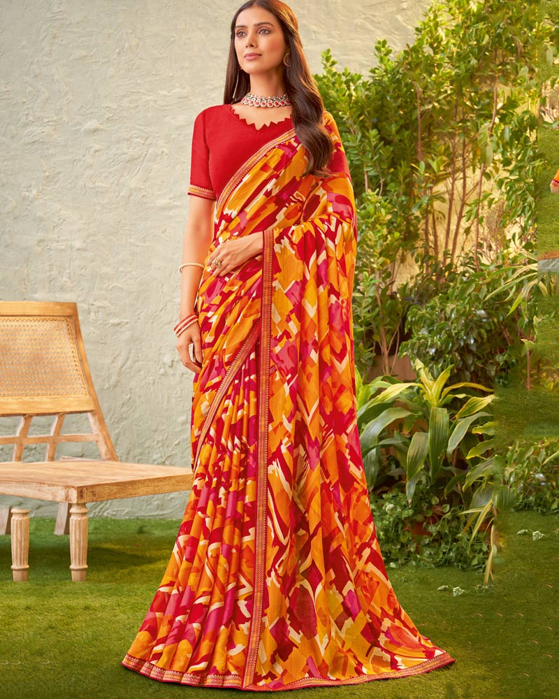 Vishal Prints Cherry Red Fancy Chiffon Printed Saree With Zari Border