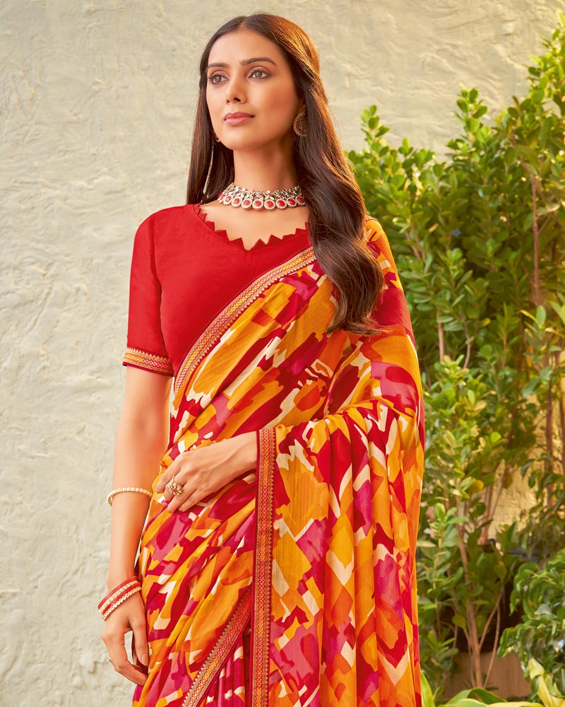 Vishal Prints Cherry Red Fancy Chiffon Printed Saree With Zari Border