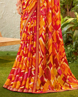 Vishal Prints Cherry Red Fancy Chiffon Printed Saree With Zari Border