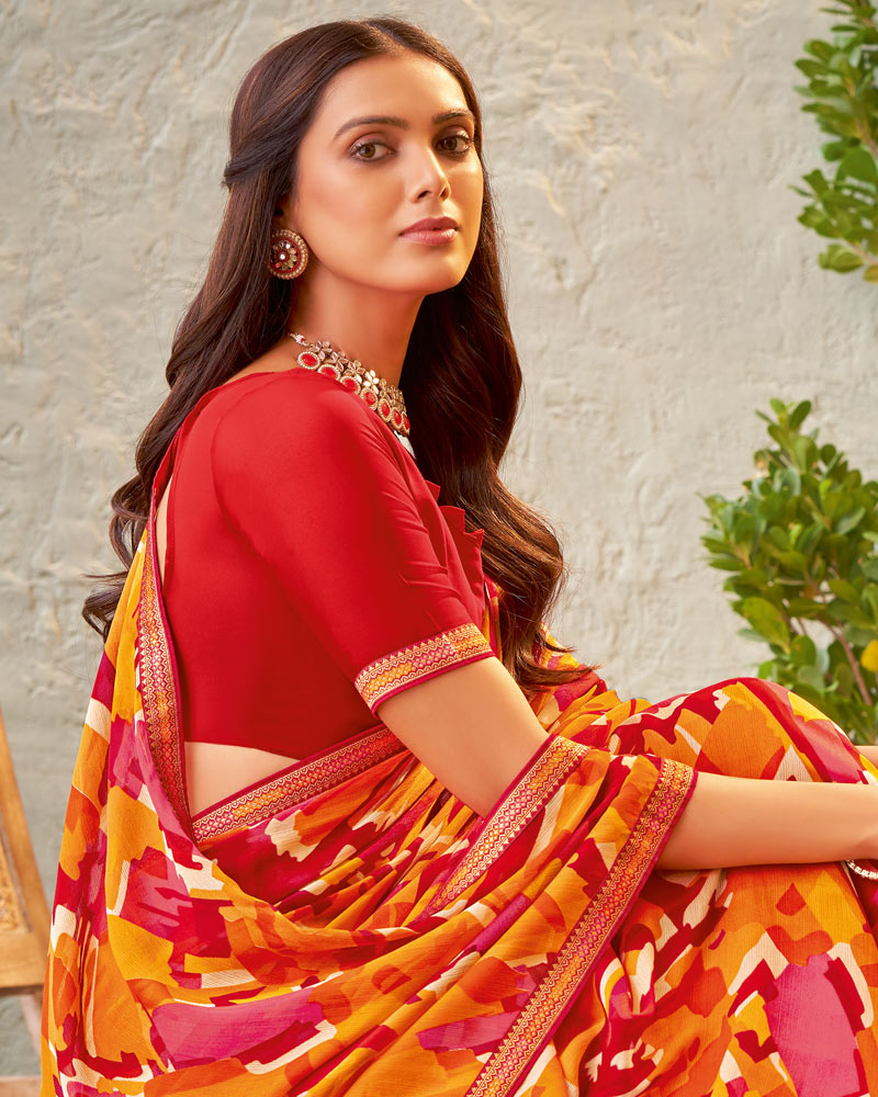 Vishal Prints Cherry Red Fancy Chiffon Printed Saree With Zari Border