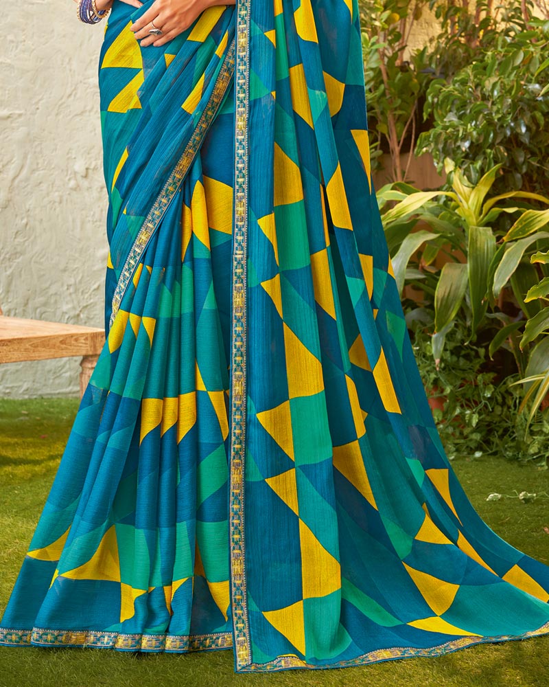 Vishal Prints Peacock Blue Fancy Chiffon Printed Saree With Zari Border