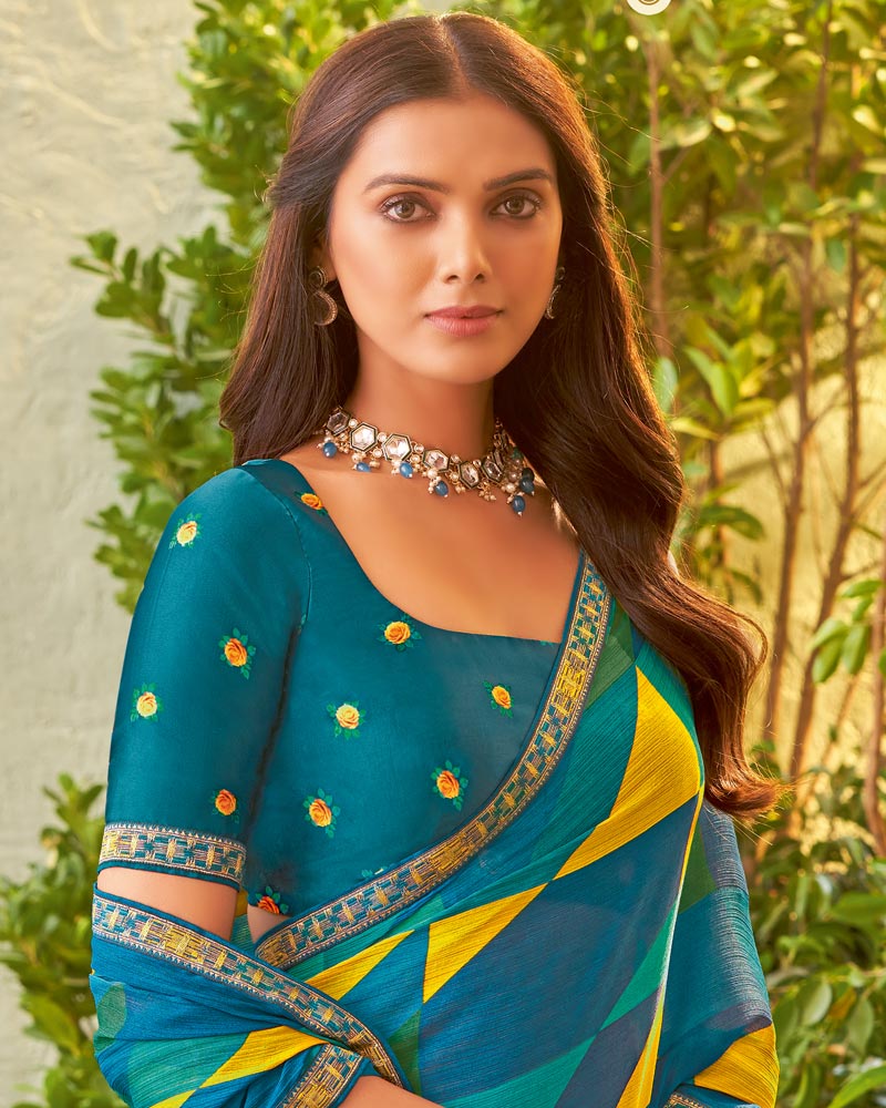 Vishal Prints Peacock Blue Fancy Chiffon Printed Saree With Zari Border