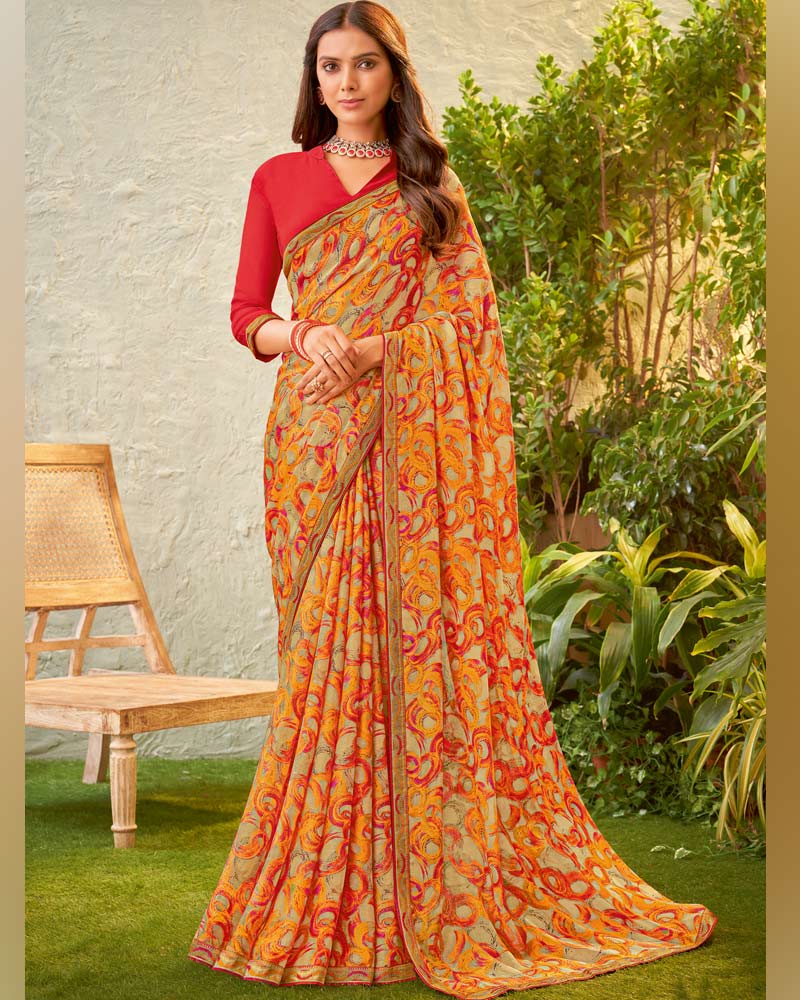 Vishal Prints Fawn Fancy Chiffon Printed Saree With Zari Border