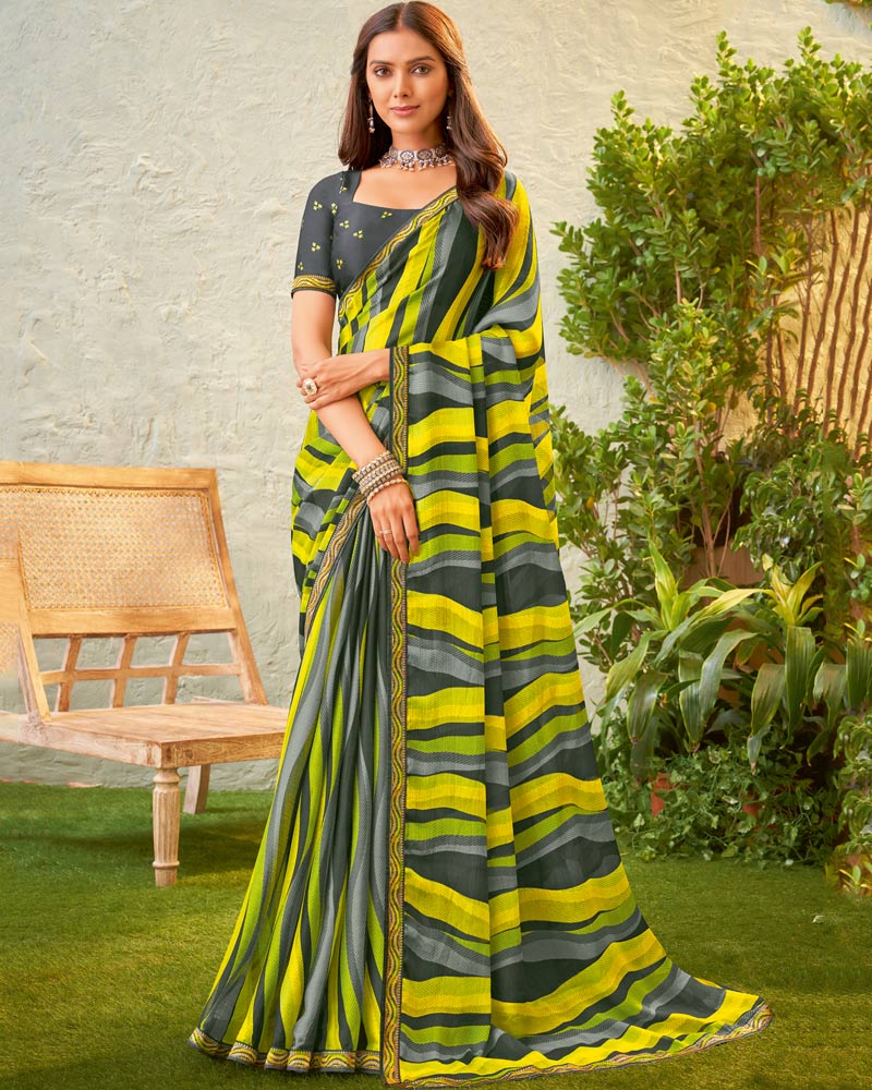 Vishal Prints Dark Grey Fancy Chiffon Printed Saree With Zari Border