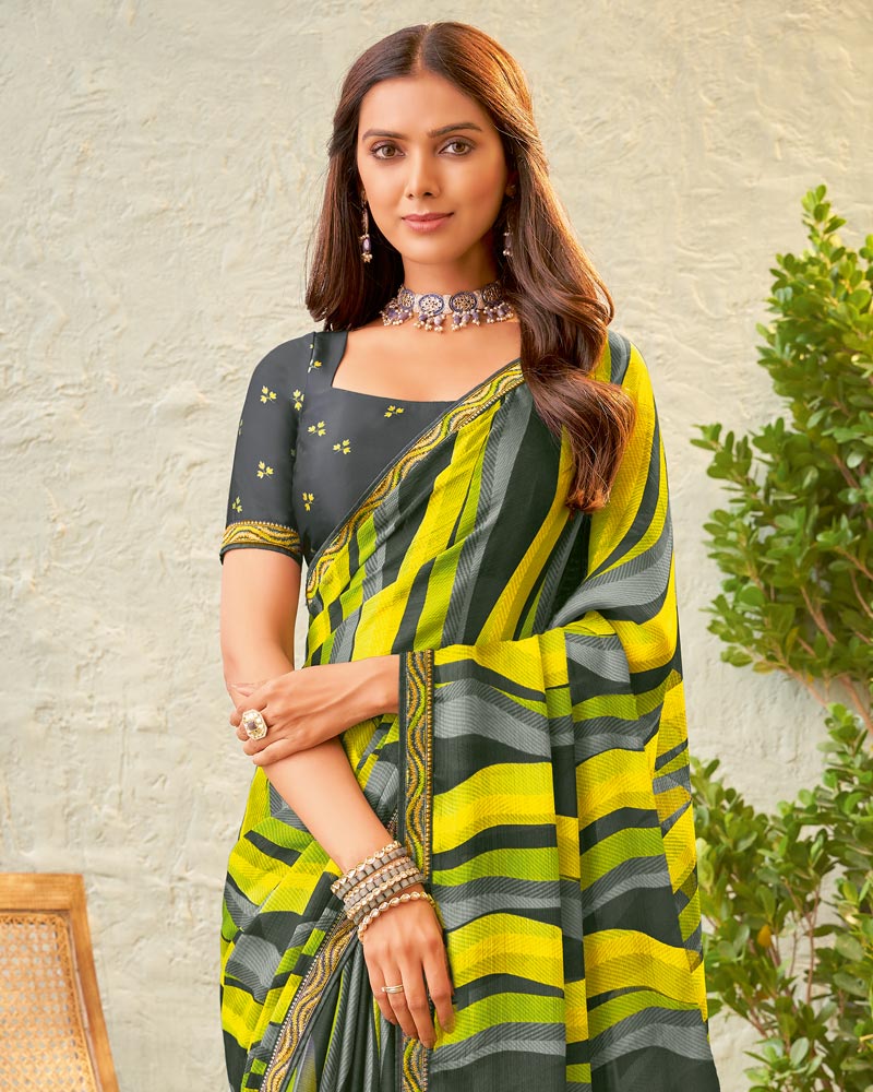 Vishal Prints Dark Grey Fancy Chiffon Printed Saree With Zari Border