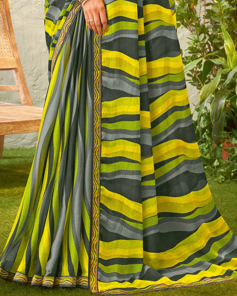 Vishal Prints Dark Grey Fancy Chiffon Printed Saree With Zari Border