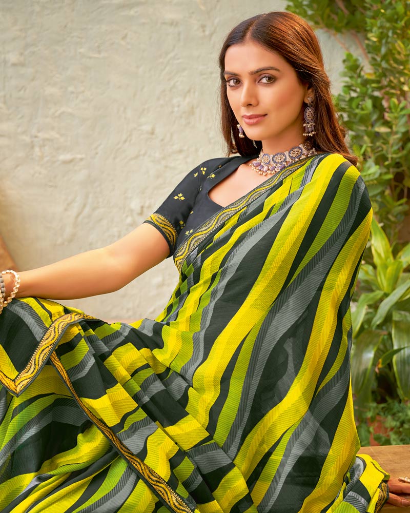 Vishal Prints Dark Grey Fancy Chiffon Printed Saree With Zari Border