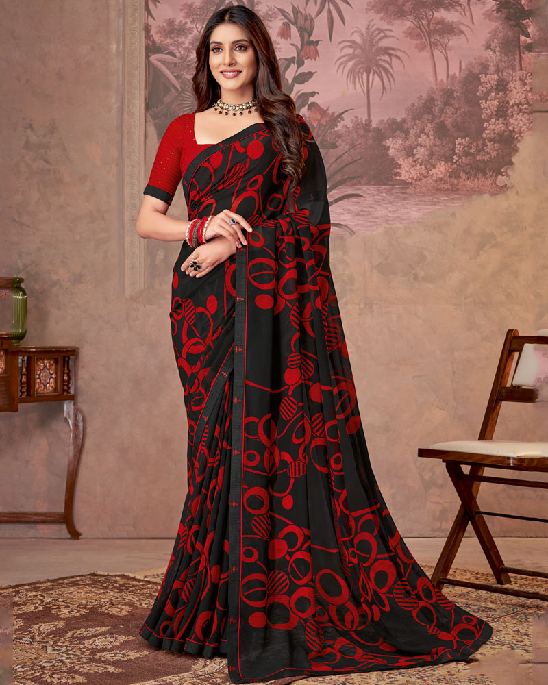 Vishal Prints Black And Dark Red Printed Georgette Saree With Fancy Border