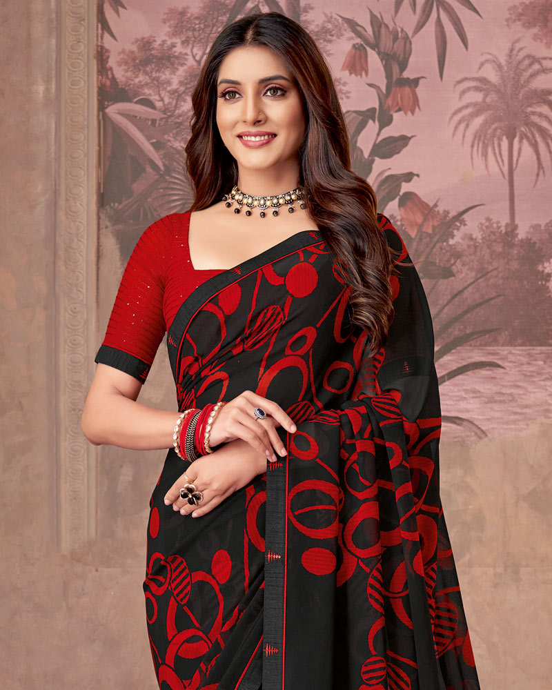 Vishal Prints Black And Dark Red Printed Georgette Saree With Fancy Border