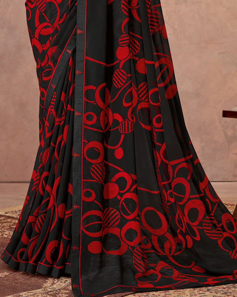 Vishal Prints Black And Dark Red Printed Georgette Saree With Fancy Border