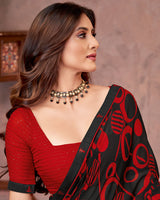 Vishal Prints Black And Dark Red Printed Georgette Saree With Fancy Border