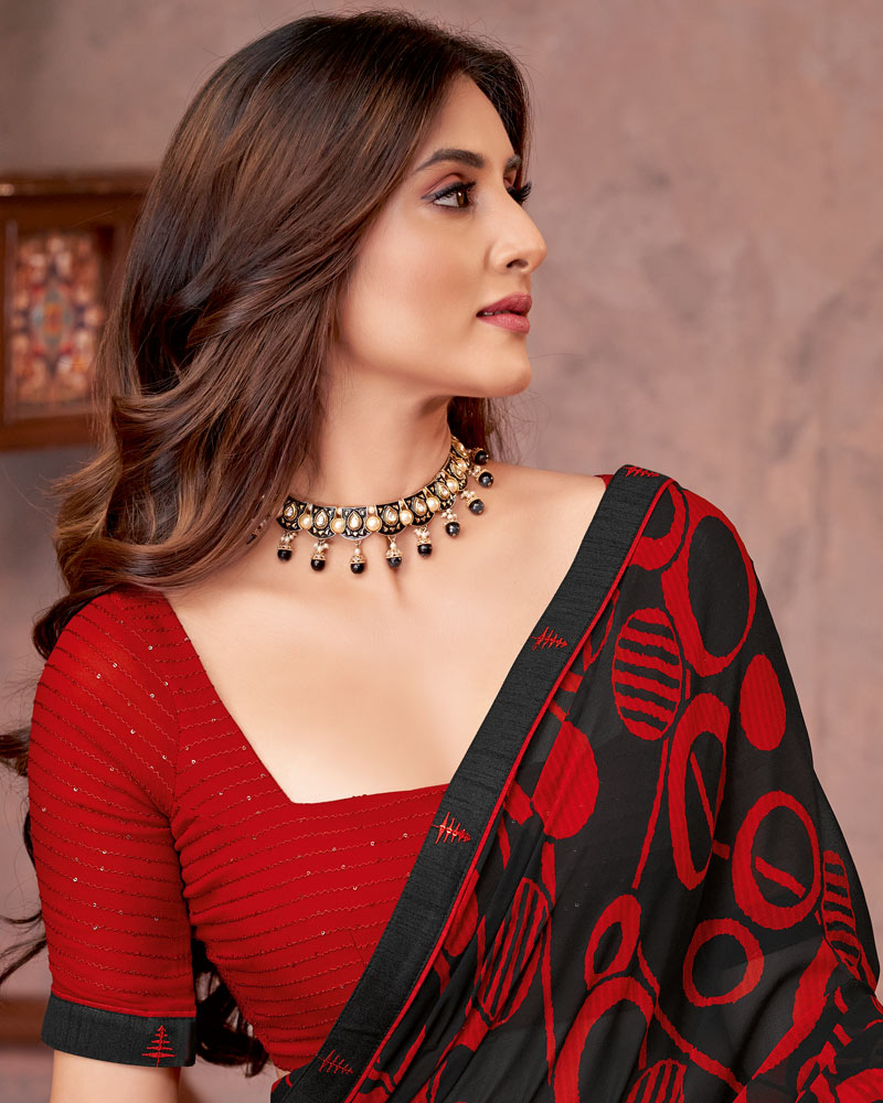 Vishal Prints Black And Dark Red Printed Georgette Saree With Fancy Border