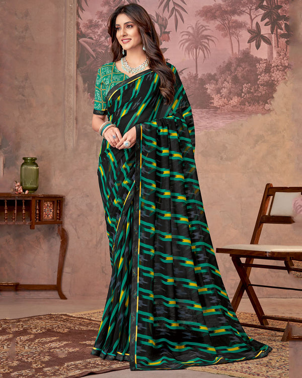 Vishal Prints Black And Mint Green Printed Georgette Saree With Fancy Border