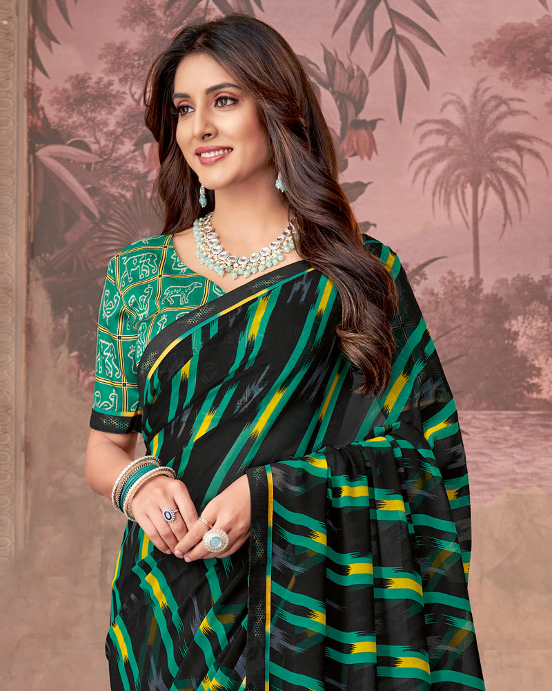Vishal Prints Black And Mint Green Printed Georgette Saree With Fancy Border