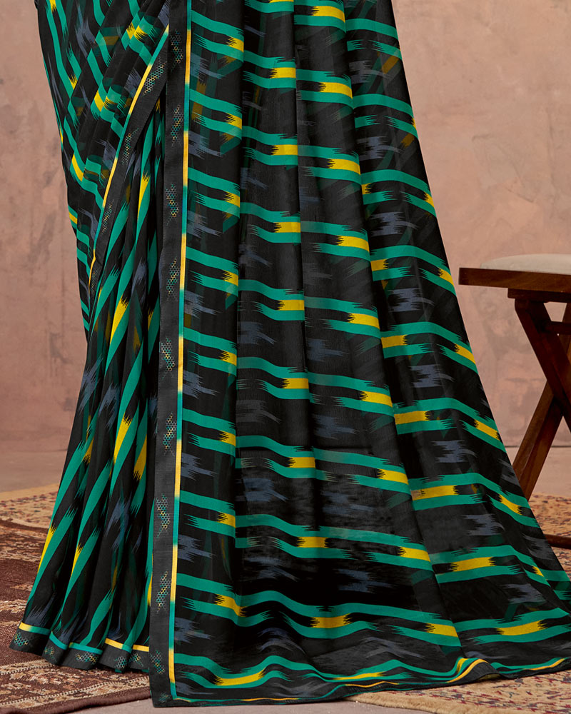 Vishal Prints Black And Mint Green Printed Georgette Saree With Fancy Border