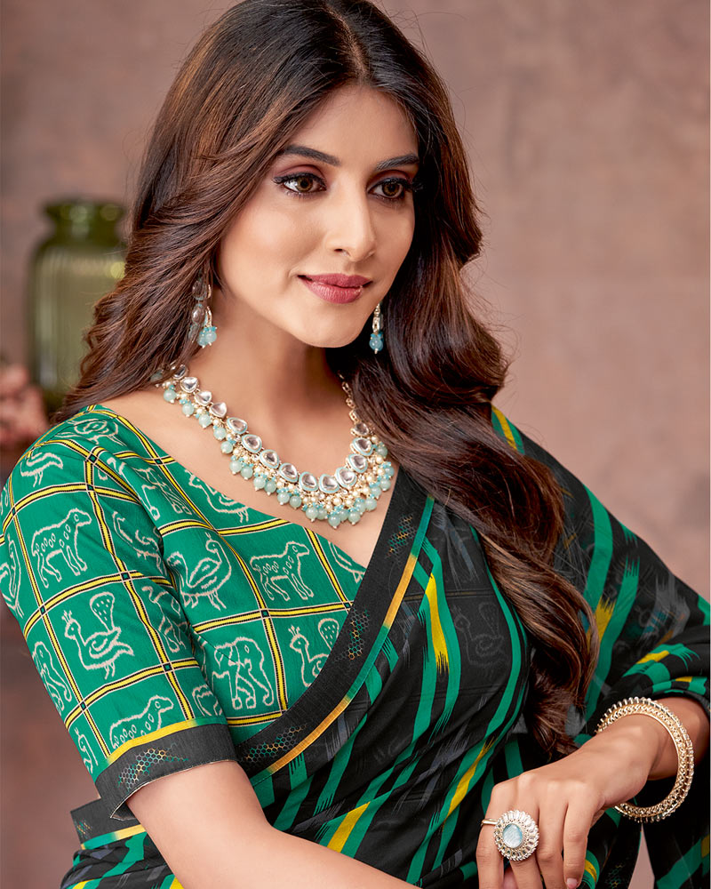 Vishal Prints Black And Mint Green Printed Georgette Saree With Fancy Border
