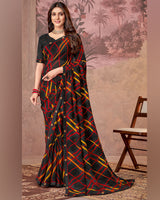 Vishal Prints Black And Mustard Printed Georgette Saree With Fancy Border