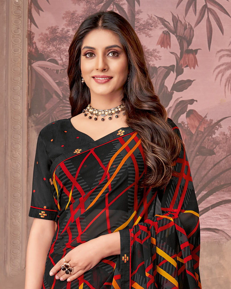 Vishal Prints Black And Mustard Printed Georgette Saree With Fancy Border