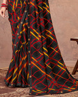 Vishal Prints Black And Mustard Printed Georgette Saree With Fancy Border
