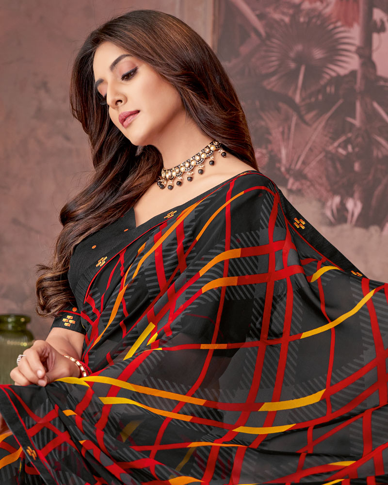 Vishal Prints Black And Mustard Printed Georgette Saree With Fancy Border