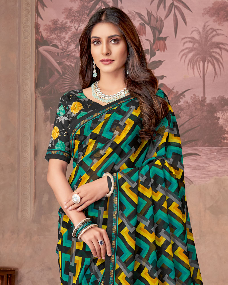 Vishal Prints Black And Dark Yellow Printed Georgette Saree With Fancy Border