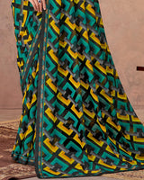 Vishal Prints Black And Dark Yellow Printed Georgette Saree With Fancy Border