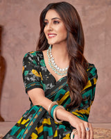 Vishal Prints Black And Dark Yellow Printed Georgette Saree With Fancy Border
