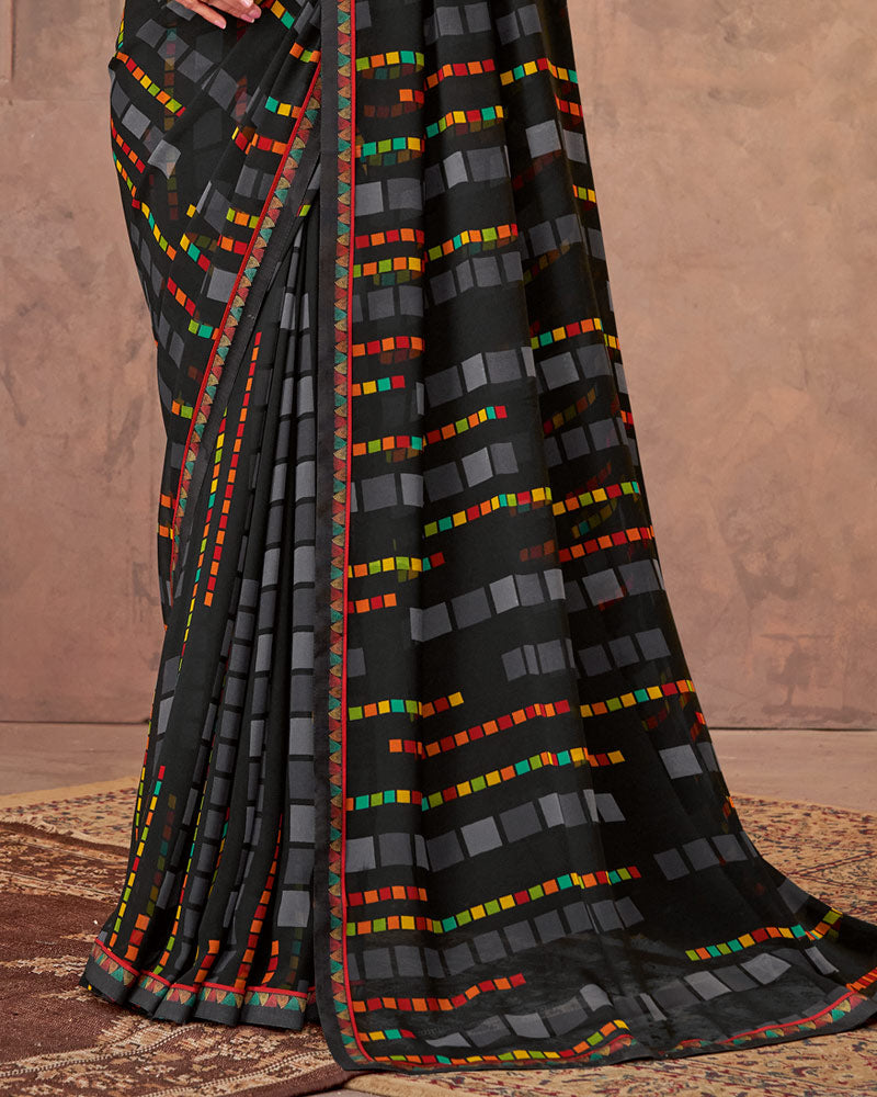 Vishal Prints Black Printed Georgette Saree With Fancy Border