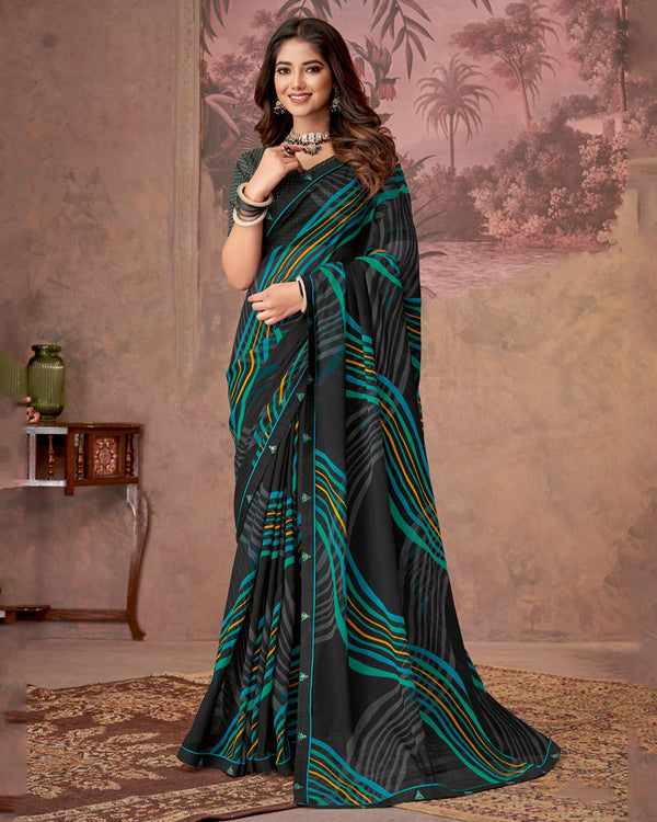 Vishal Prints Black And Aqua Green Printed Georgette Saree With Fancy Border