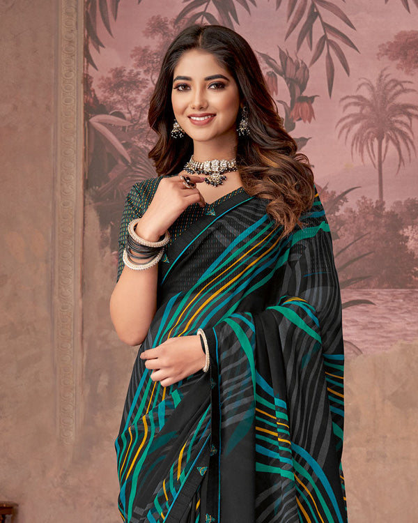 Vishal Prints Black And Aqua Green Printed Georgette Saree With Fancy Border