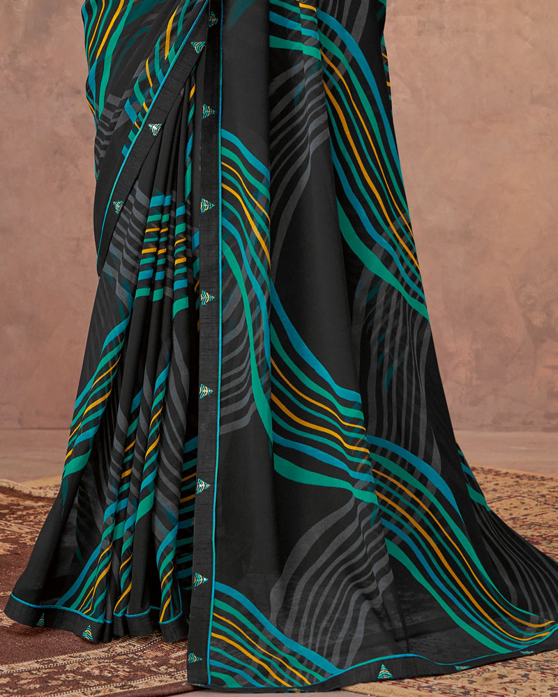 Vishal Prints Black And Aqua Green Printed Georgette Saree With Fancy Border