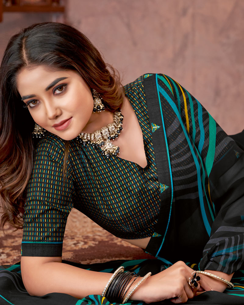 Vishal Prints Black And Aqua Green Printed Georgette Saree With Fancy Border