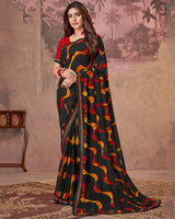 Vishal Prints Black And Brick Red Printed Georgette Saree With Fancy Border