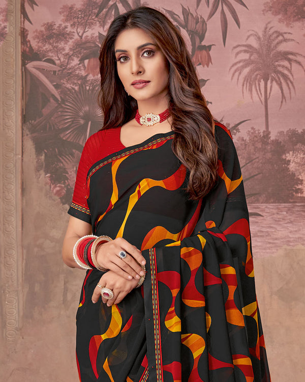 Vishal Prints Black And Brick Red Printed Georgette Saree With Fancy Border