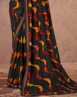 Vishal Prints Black And Brick Red Printed Georgette Saree With Fancy Border