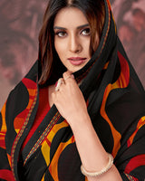 Vishal Prints Black And Brick Red Printed Georgette Saree With Fancy Border