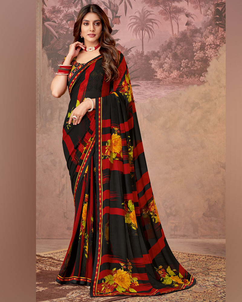Vishal Prints Black And Cherry Red Printed Georgette Saree With Fancy Border