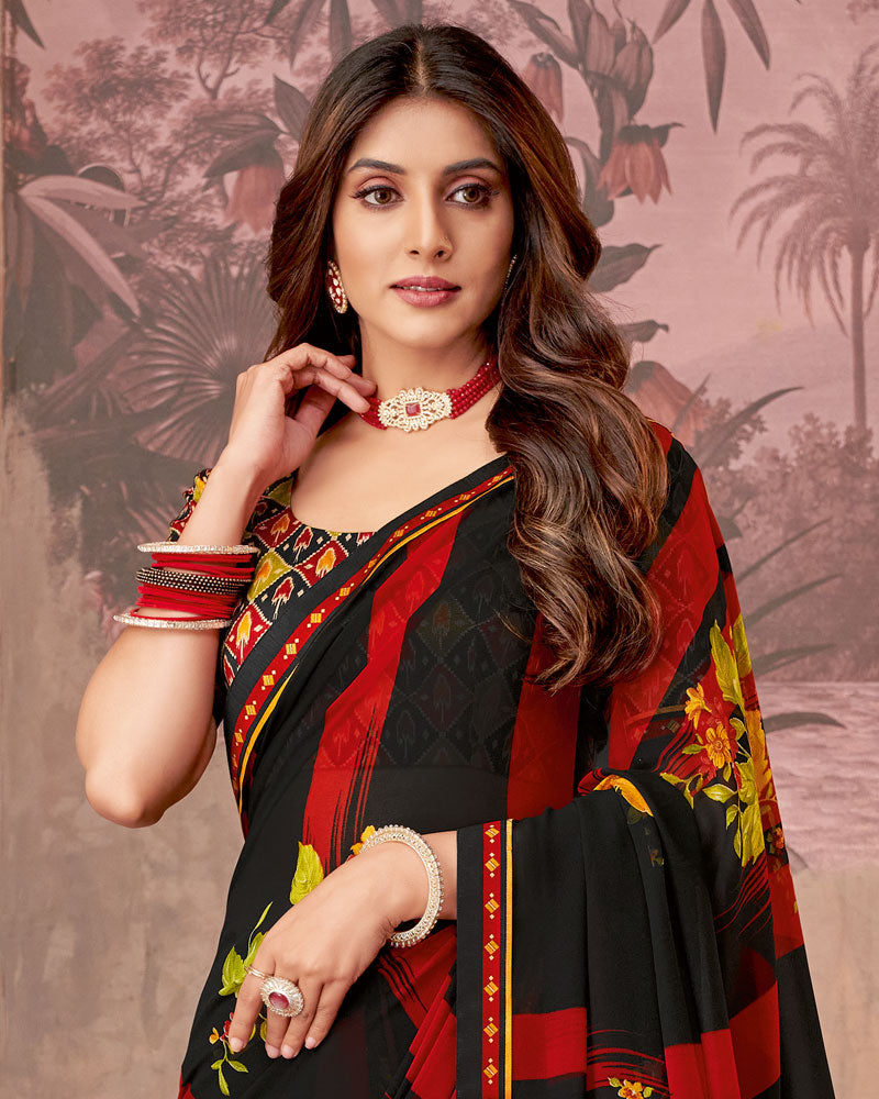 Vishal Prints Black And Cherry Red Printed Georgette Saree With Fancy Border