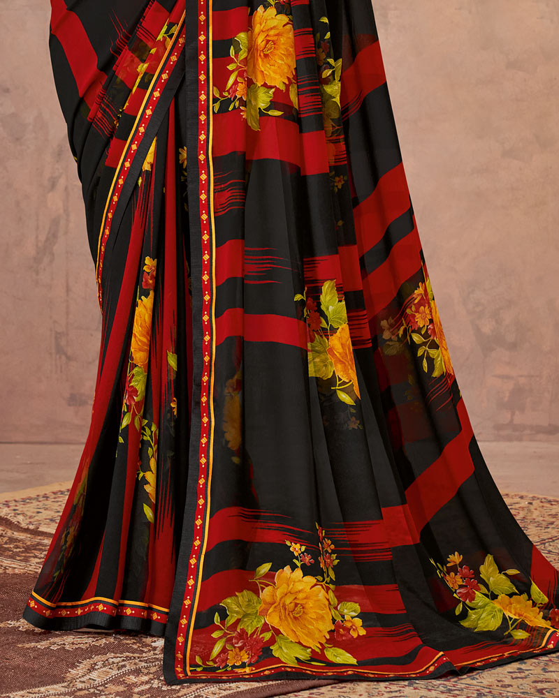 Vishal Prints Black And Cherry Red Printed Georgette Saree With Fancy Border