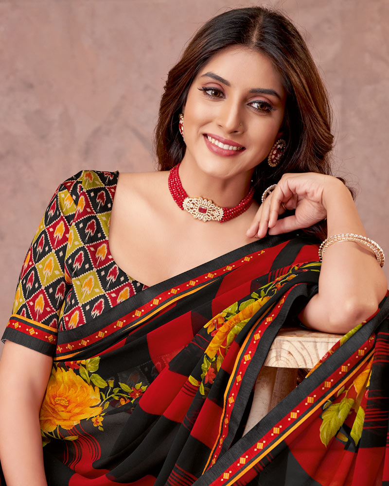Vishal Prints Black And Cherry Red Printed Georgette Saree With Fancy Border